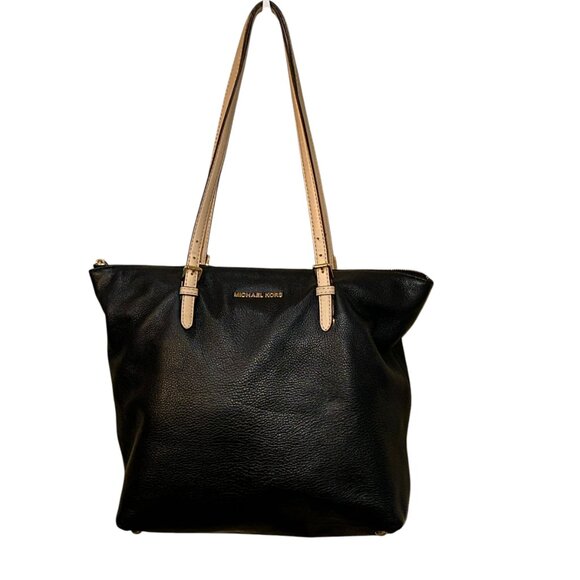 Michael Kors Black Shopper Tote Shoulder Bag Pebbled Leather Zipper Gold Accents - Picture 1 of 8